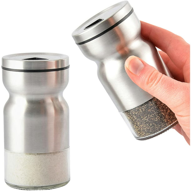 HOME EC Premium Salt and Pepper Shakers with Adjustable Pour Holes Elegant Stainless Steel Salt and Pepper Dispenser Kosher and Sea Salts Spices W/Collapsible Funnel/Ebook Perfect for Himalayan 